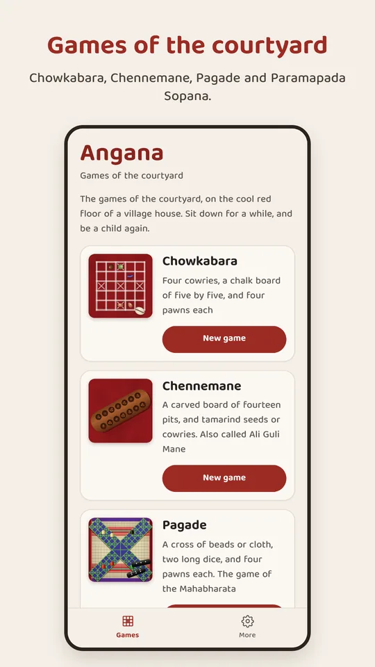 The games page: Chowkabara, Chennemane and Pagade, each with a New game button.