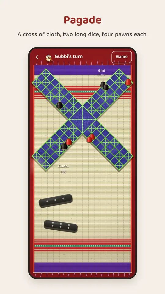 Pagade: the cross on its mat, the pawns of two players and the two long dice.