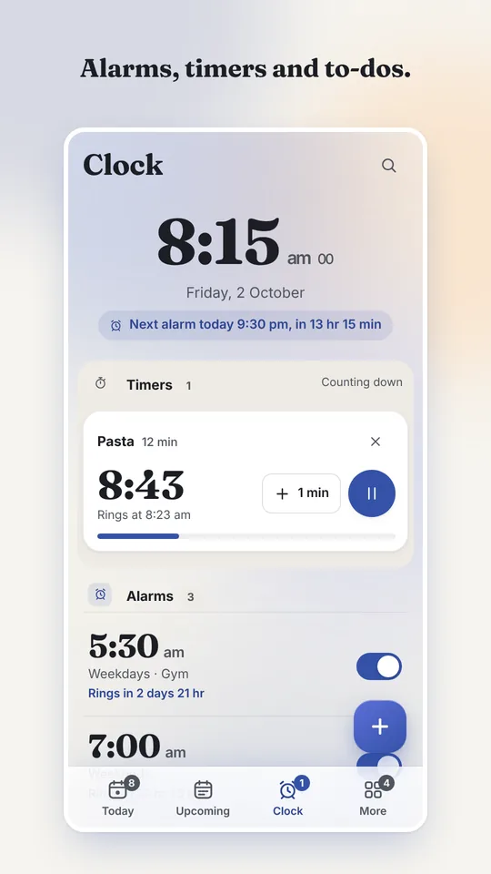 The clock: the time, a running timer and the alarms.